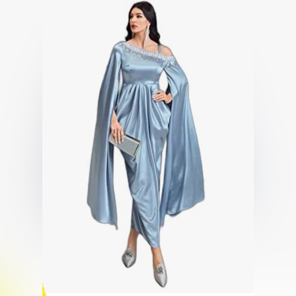 Metallic silver-gray party dress, Shein, size L, long bell sleeves with slit